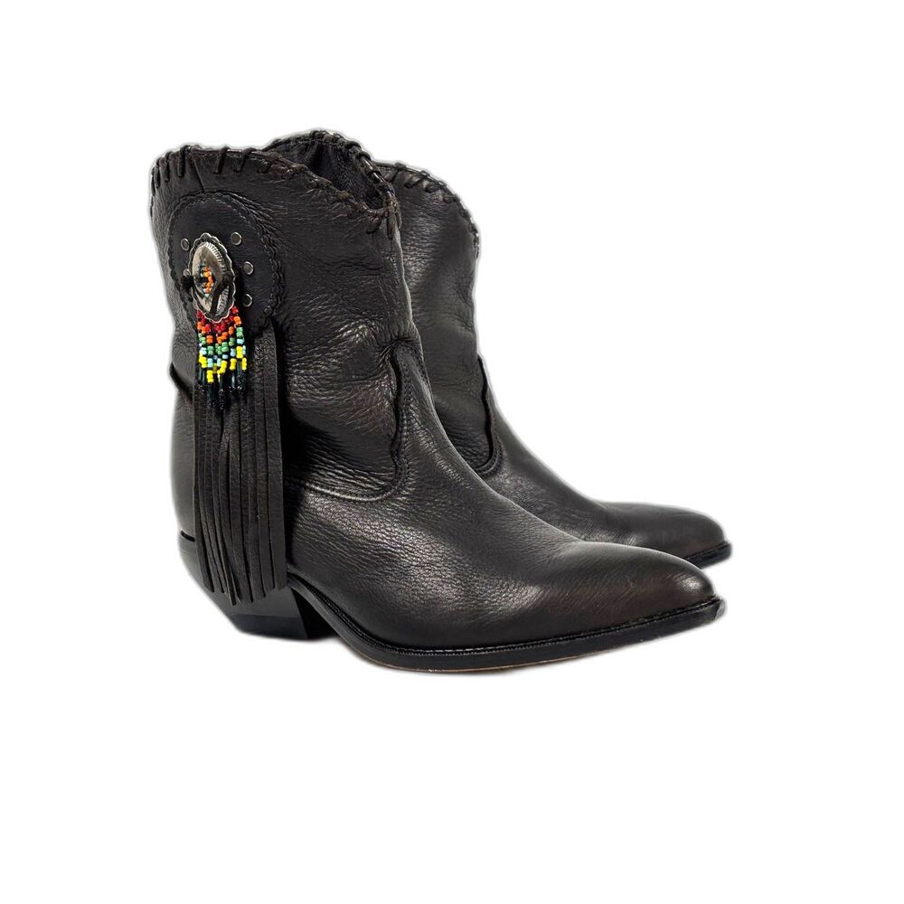 Vintage 80s Zodiac Beaded Concho Fringe Western Calf Boots USA Black Leather 8M